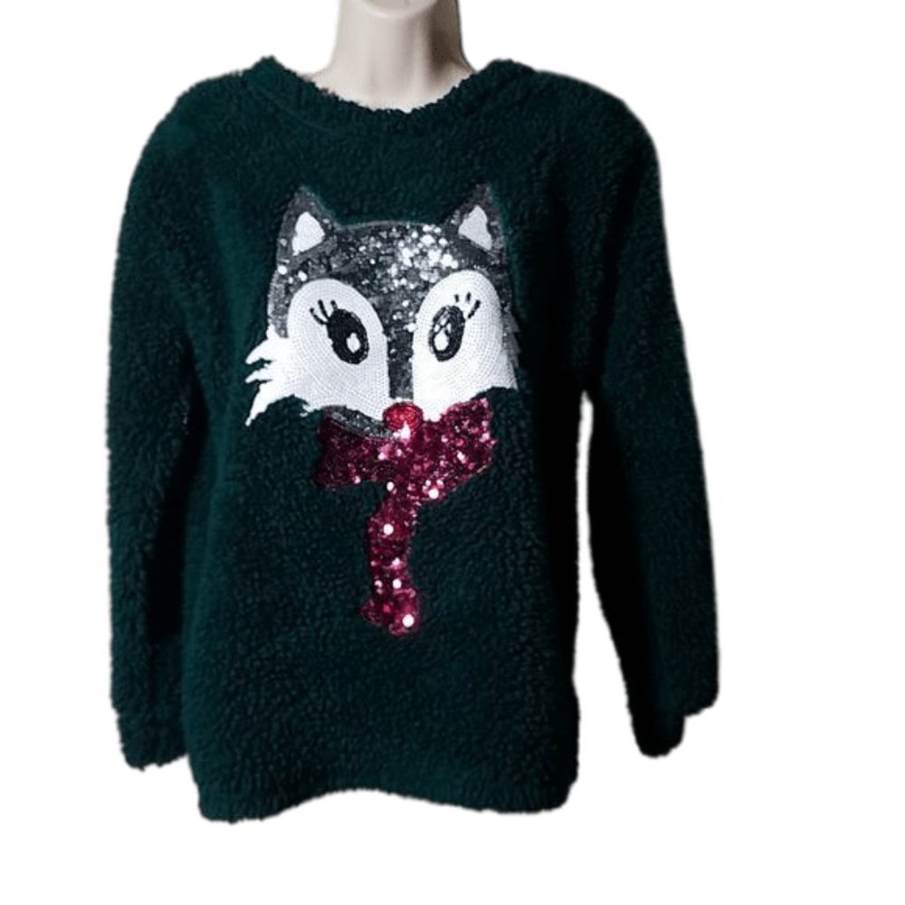 Kitty Cat Kitten Green Sequin Sweater Size Small 4-6 Soft Fuzzy Warm